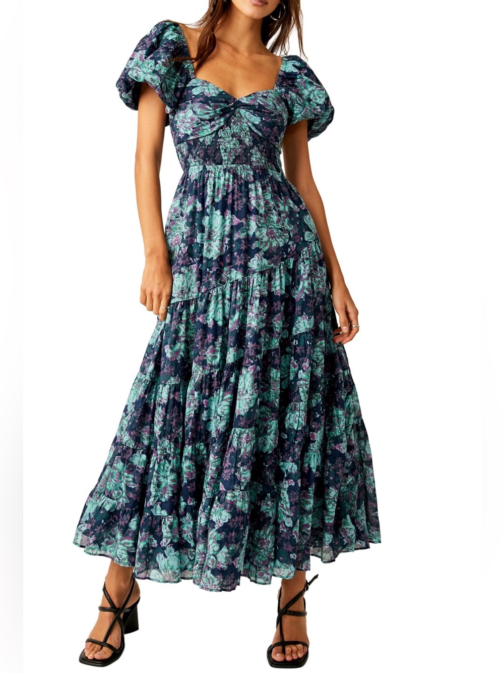 Free People Sundrenched Floral Tiered Puff-Sleeve Maxi Sundress
